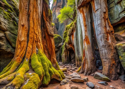 Ancient tree trunks protrude from rust-hued canyon walls, covered in lichen and moss, as a primordial landscape unfolds in California's Fossil Gorge.