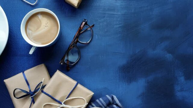 Coffee and Gifts Flat Lay on Blue Background with Glasses