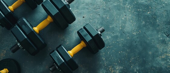 An arrangement of black and yellow dumbbells sits on a worn, rustic gym floor, hinting at a robust and active workout environment.