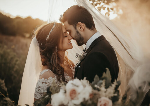 Para Młoda - Nowożeńcy Pan Młody w garniturze i Pani Młoda w sukni śubnej.