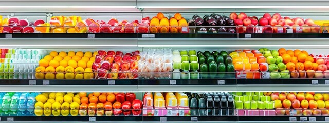 Colorful arrangement of fruits and food products on display in a supermarket