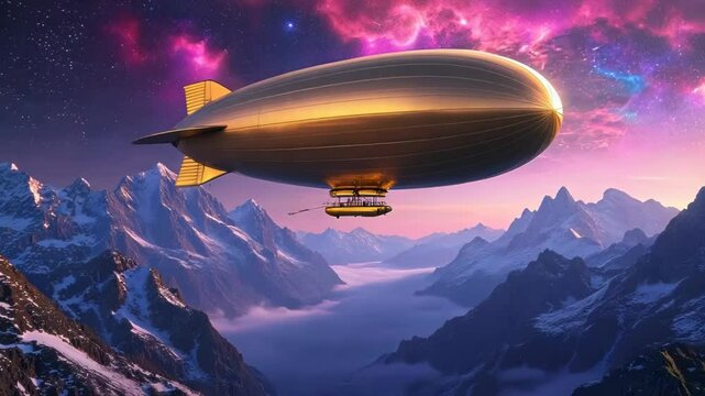 Majestic mountain range under vibrant pink nebula sky. Golden dirigible glides through crisp night air. Jagged snow-capped peaks stretch across horizon. 