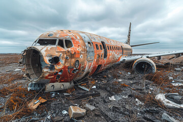 Airplane crash, debris on the ground, smoke-filled disaster on fire. Regular transport aviation emergency.