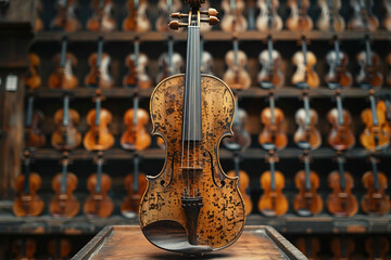 Showcase of antique violins, vintage musical instruments in a row. Production of antique string instruments.