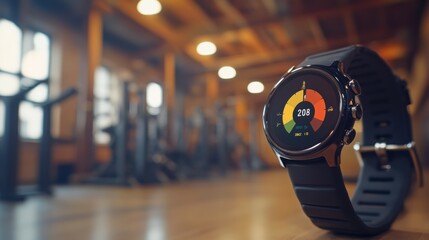 Smartwatch displaying health metrics lying on floor in gym