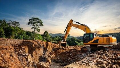 Obraz premium Excavator on a rocky site, breaking through tough terrain
