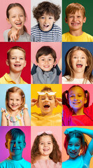 Collage made of portraits of young children engaged in learning and discovery, showing wonder and fun against bright, bold colors. Concept of childhood, fashion and beauty, carefree. Ad