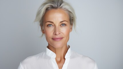 portrait of happy and laughing middle aged pretty woman