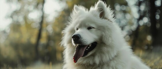 Obraz premium A fluffy white dog, content and relaxed, basks in the soft sunlight of a picturesque outdoor setting.