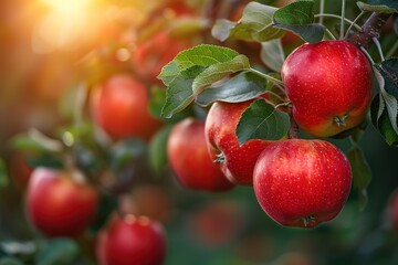 Obraz premium Red apples on a tree branch in an apple orchard at sunset, with a summer background
