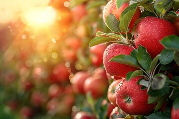 Obraz premium Red apples on a tree branch in an apple orchard at sunset, with a summer background