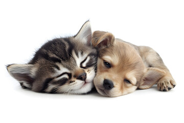 Obraz premium Cute little kitten and puppy sleeping together 