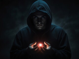 a man in a dark hood holds a light in his hands.