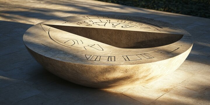 Stone sundial with carved markings.