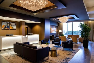 Contemporary Hotel Lobby Featuring Stylish Reception Desk and Welcoming Guest Lounge Area