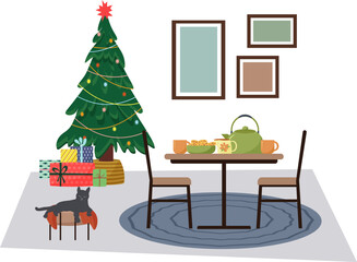 A room with a table and a Christmas tree. Interior with furniture. Christmas and New Year. A cat on an ottoman. Gifts. Pictures on the wall. Vector illustration