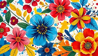Fototapeta premium Vibrant floral pattern with large red and blue flowers, green leaves, and colorful abstract elements on a white background