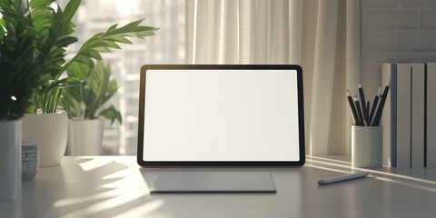Fototapeta premium A tablet and stylus on a white desk with plants.
