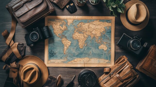 Travel accessories and world map forming travel concept flat lay