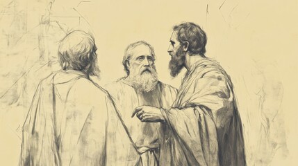 Fototapeta premium Biblical Illustration of Numbers: A Discussion Among the Leaders About the Meaning of the Sign, Captured on a Beige Background, Emphasizing Reflection and Leadership