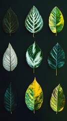 Obraz premium Nine Varied Leaves Arranged in Three Rows on a Black Background