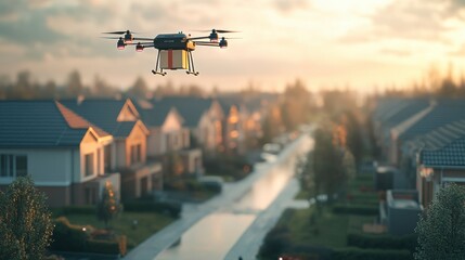 Modern delivery drone flying over suburban houses at sunset
