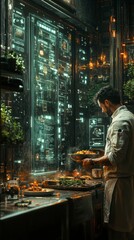 Obraz premium Chef preparing food in futuristic kitchen with digital interfaces