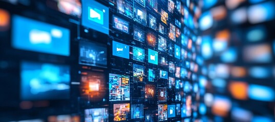 Abstract Blurred Wall of Digital Screens with Social Media, News, and Video Content Playing on Them