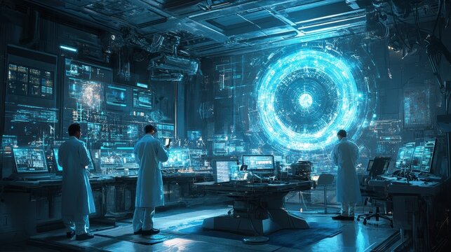 Scientists working in futuristic laboratory analyzing data on computer screens