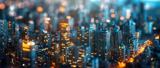 A stunning cityscape at dusk with high-rise buildings illuminated by countless glowing lights, capturing the bustling essence of urban life.