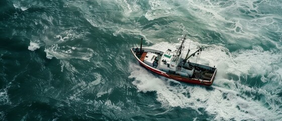 Obraz premium A lone fishing boat navigates through choppy, tumultuous waves under a cloudy sky—a testament to the brave spirit of seafarers amidst the powerful ocean.