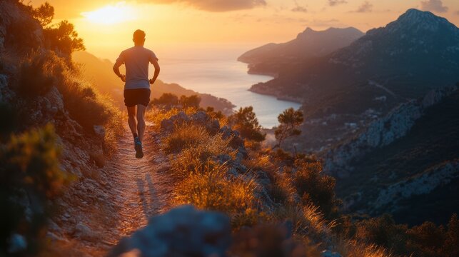 Athlete running on a mountain trail at sunset