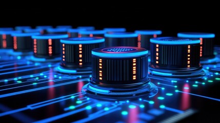 Futuristic circuit board with glowing components, showcasing advanced technology and innovation in digital design.