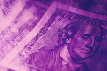 Naklejka premium A purple background with a close up of a US dollar bill