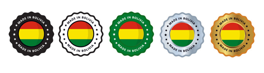 Obraz premium Made in bolivia set of sign stamp badge, with varian color green, silver, gold, black suitable for products manufactured, military, agriculture or food vector illustration eps editable text