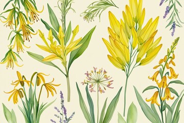 Naklejka premium Vibrant Meadow Flower Clipart featuring Euphorbia and Meadow Lilies on Ivory Background