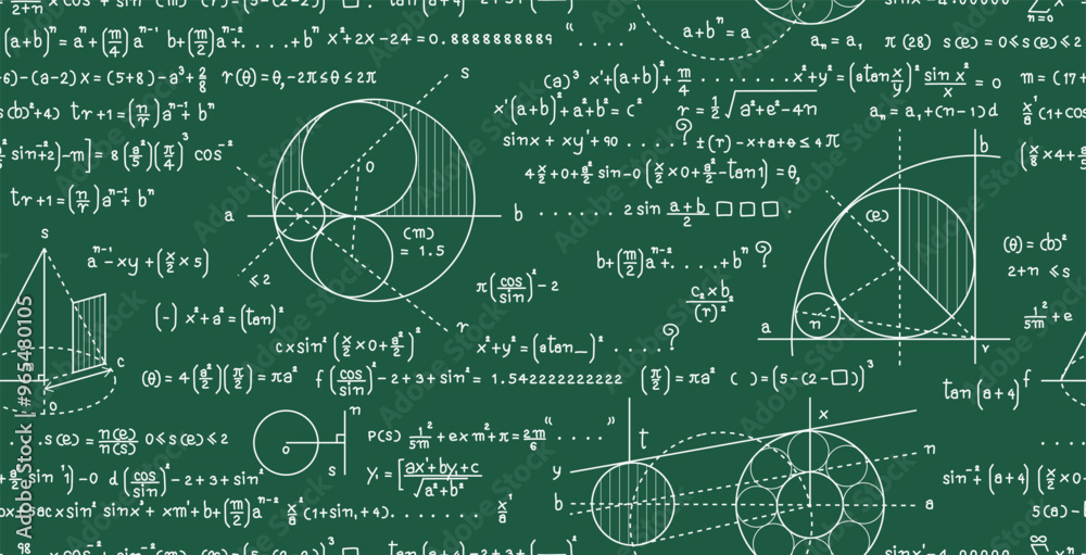Wall mural a blackboard with mathematical formulas and seamless curved lines.