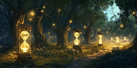 Fototapeta premium Glowing hourglasses in a mystical forest path.