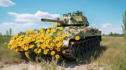 Fototapeta premium The concept of a world without war. Old vintage heavy military equipment in colored colors, sky background.