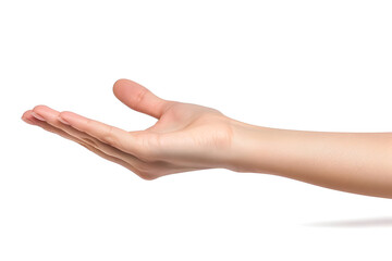 Female hand keeping empty cupped palm isolated on white background
