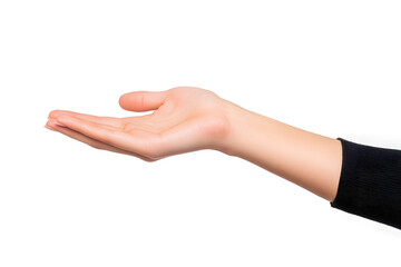 Female hand keeping empty cupped palm isolated on white background
