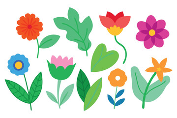  Nice collection of bright, colorful flowers displayed against a pristine white background, highlighting their vivid hues and textures flat vector illustration set