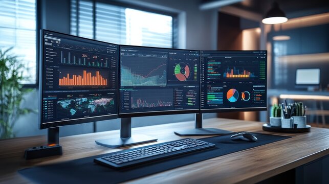 Modern workplace featuring analyst desk with multiple monitors displaying data