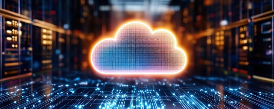 Futuristic digital cloud storage concept with glowing elements and data flow, showcasing technology and innovation in data management.