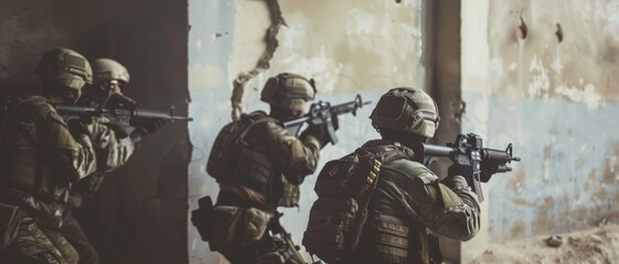 Fototapeta premium Soldiers in tactical gear move cautiously inside a damaged building, ready for action in a tense, war-torn environment.