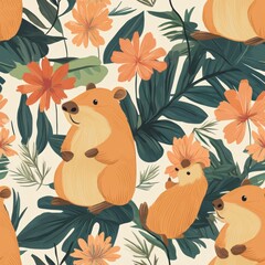 Fototapeta premium Charming pattern featuring cute rodents surrounded by lush green leaves and bright orange flowers, creating a playful, nature-inspired design.