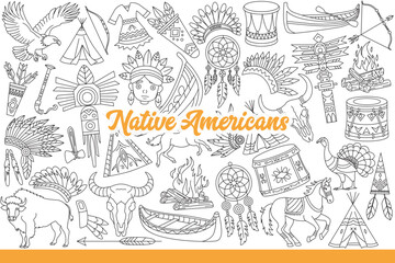 Fototapeta premium Culture of native american people and indians living in united states in bigwamas. Traditional headdresses for native american near fires or boats and national amulets. Hand drawn.
