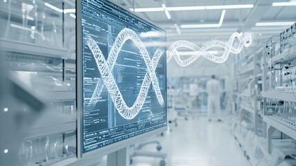 Obraz premium 3D visualization of DNA structures on digital screens in a modern biotech research facility