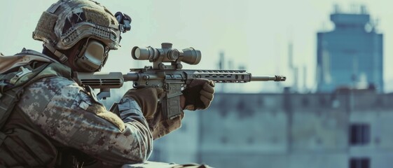 A sniper in tactical gear aims his rifle, blending into an urban environment with buildings in the backdrop.