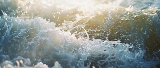 Capturing the raw energy of the ocean, waves crash and create a mesmerizing dance of water drops, illuminated by the gentle sunlight.